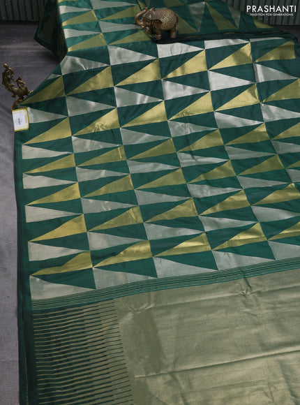 Semi soft silk saree green with allover silver & gold geometric weaves in borderless style