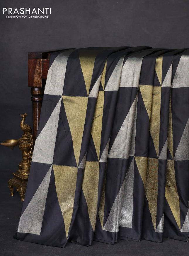 Semi soft silk saree black with allover silver & gold geometric weaves in borderless style