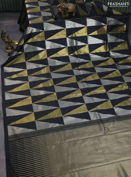 Semi soft silk saree black with allover silver & gold geometric weaves in borderless style