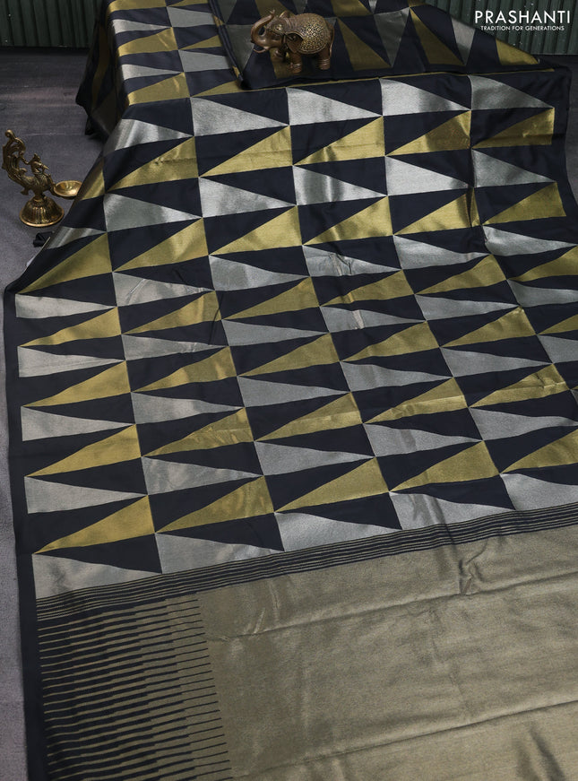 Semi soft silk saree black with allover silver & gold geometric weaves in borderless style