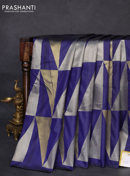 Semi soft silk saree blue with allover silver & gold geometric weaves in borderless style