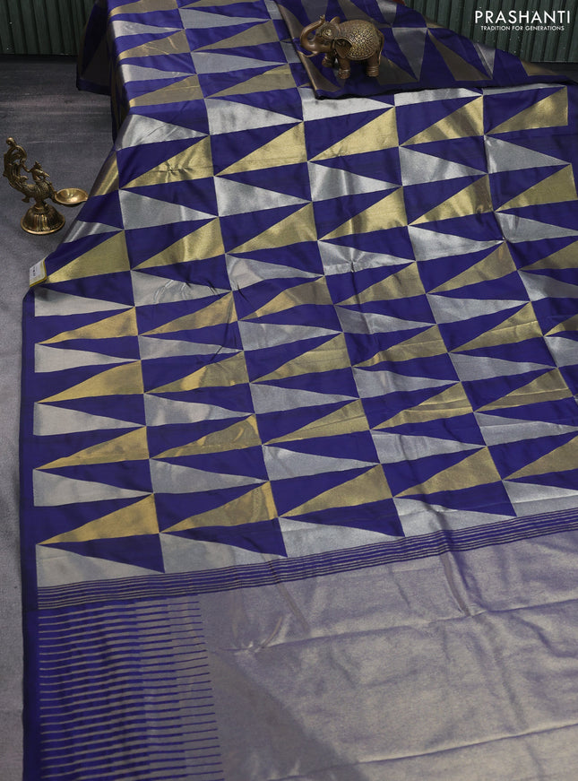 Semi soft silk saree blue with allover silver & gold geometric weaves in borderless style