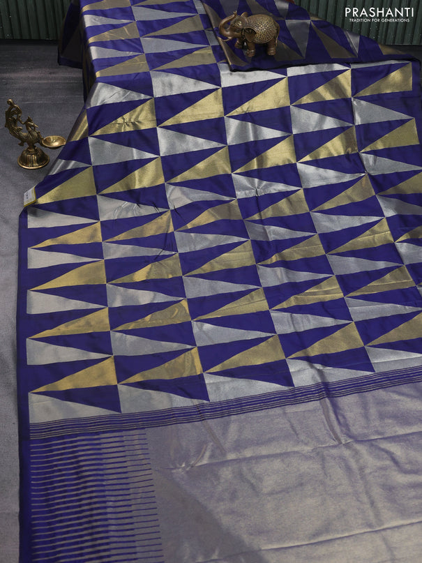 Semi soft silk saree blue with allover silver & gold geometric weaves in borderless style