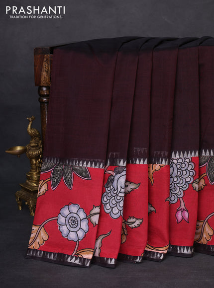 Mangalgiri silk cotton saree coffee brown and maroon with plain body and temple design kalamkari printed applique border