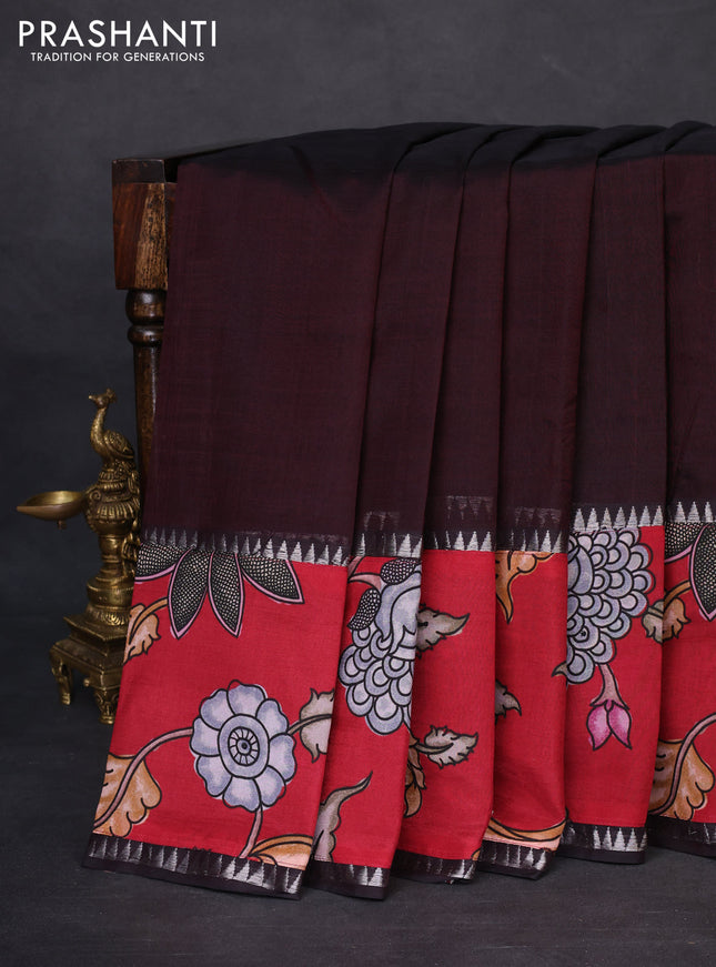 Mangalgiri silk cotton saree coffee brown and maroon with plain body and temple design kalamkari printed applique border