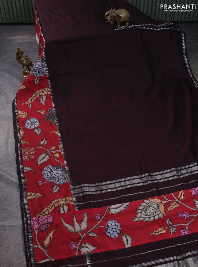 Mangalgiri silk cotton saree coffee brown and maroon with plain body and temple design kalamkari printed applique border