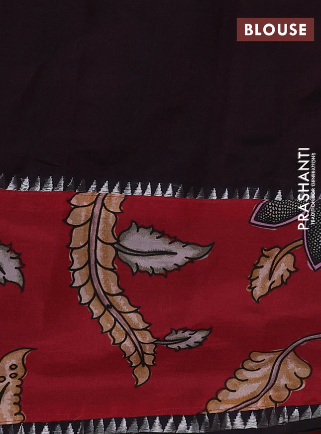 Mangalgiri silk cotton saree coffee brown and maroon with plain body and temple design kalamkari printed applique border