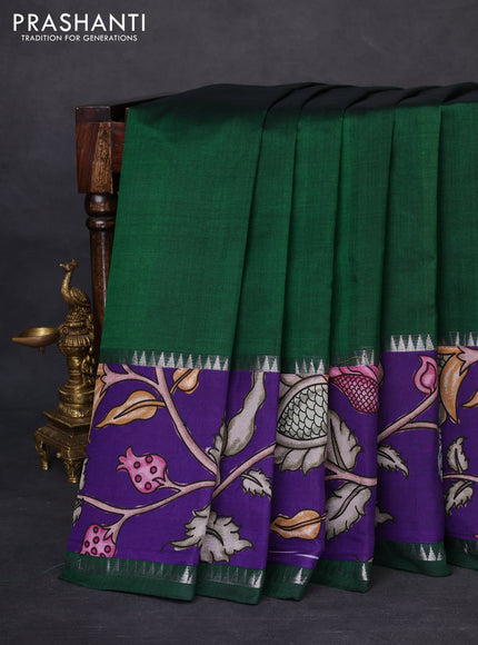 Mangalgiri silk cotton saree green and violet with plain body and temple design kalamkari printed applique border