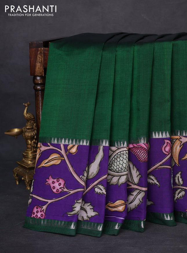 Mangalgiri silk cotton saree green and violet with plain body and temple design kalamkari printed applique border