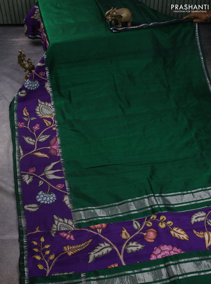 Mangalgiri silk cotton saree green and violet with plain body and temple design kalamkari printed applique border