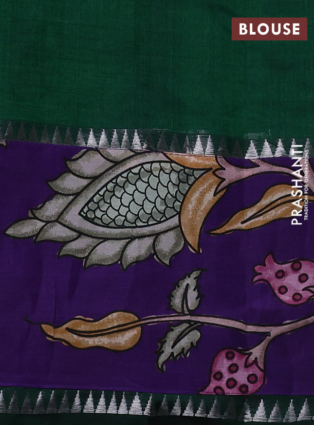 Mangalgiri silk cotton saree green and violet with plain body and temple design kalamkari printed applique border