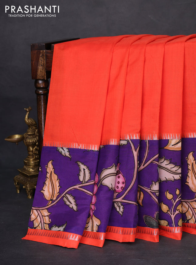 Mangalgiri silk cotton saree orange and violet with plain body and temple design kalamkari printed applique border