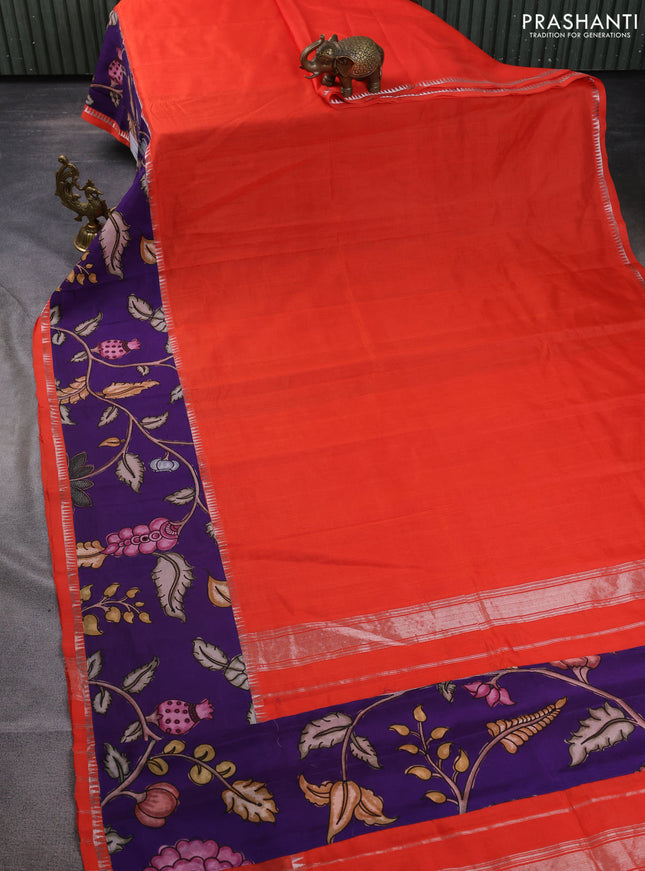 Mangalgiri silk cotton saree orange and violet with plain body and temple design kalamkari printed applique border