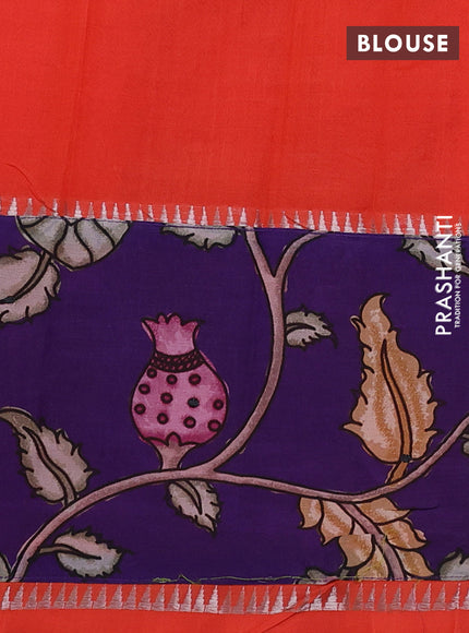 Mangalgiri silk cotton saree orange and violet with plain body and temple design kalamkari printed applique border