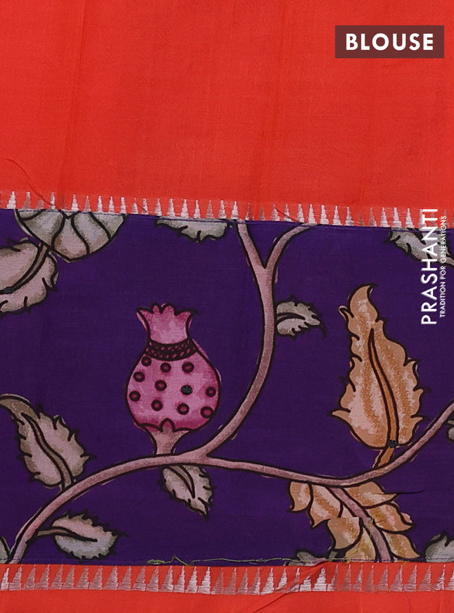 Mangalgiri silk cotton saree orange and violet with plain body and temple design kalamkari printed applique border