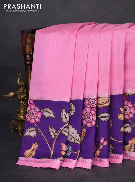 Mangalgiri silk cotton saree light pink and violet with plain body and temple design kalamkari printed applique border
