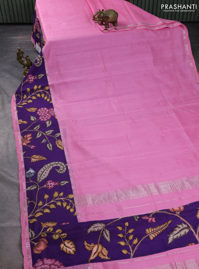 Mangalgiri silk cotton saree light pink and violet with plain body and temple design kalamkari printed applique border