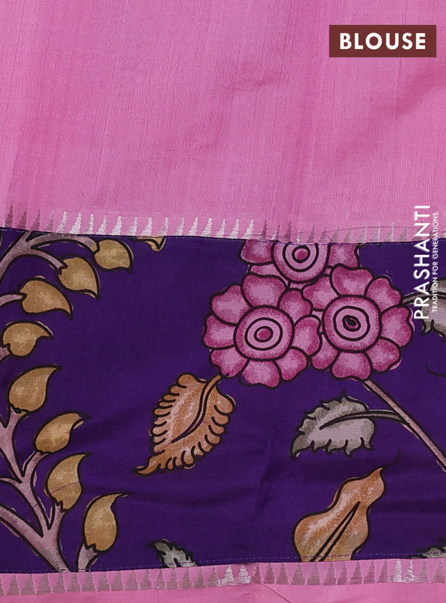 Mangalgiri silk cotton saree light pink and violet with plain body and temple design kalamkari printed applique border