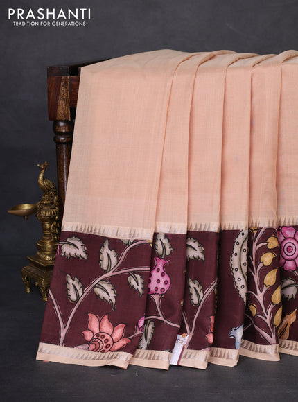 Mangalgiri silk cotton saree beige and deep maroon with plain body and temple design kalamkari printed applique border
