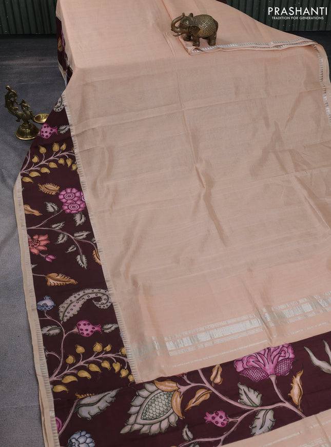 Mangalgiri silk cotton saree beige and deep maroon with plain body and temple design kalamkari printed applique border