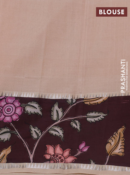 Mangalgiri silk cotton saree beige and deep maroon with plain body and temple design kalamkari printed applique border