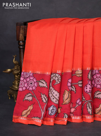 Mangalgiri silk cotton saree orange and maroon with plain body and temple design kalamkari printed applique border