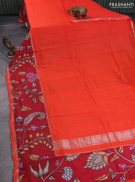 Mangalgiri silk cotton saree orange and maroon with plain body and temple design kalamkari printed applique border