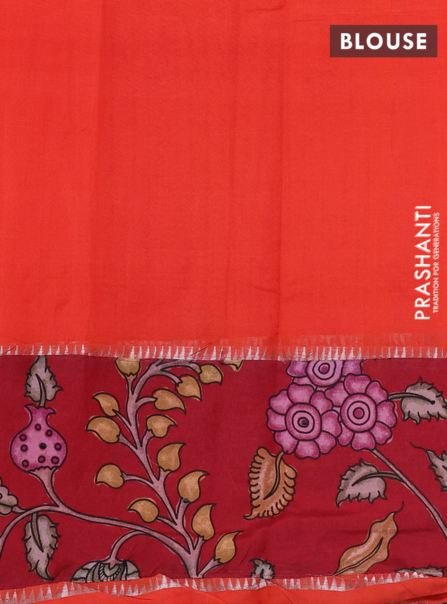 Mangalgiri silk cotton saree orange and maroon with plain body and temple design kalamkari printed applique border