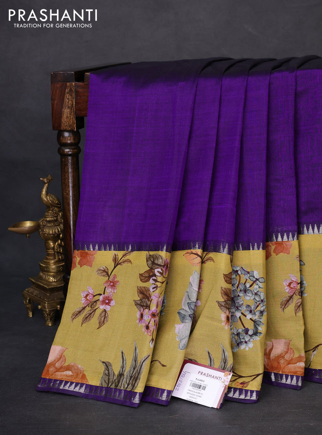 Mangalgiri silk cotton saree violet and mehendi green with plain body and temple design kalamkari printed applique border