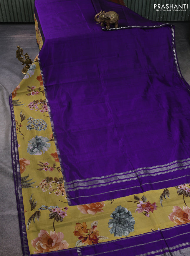 Mangalgiri silk cotton saree violet and mehendi green with plain body and temple design kalamkari printed applique border