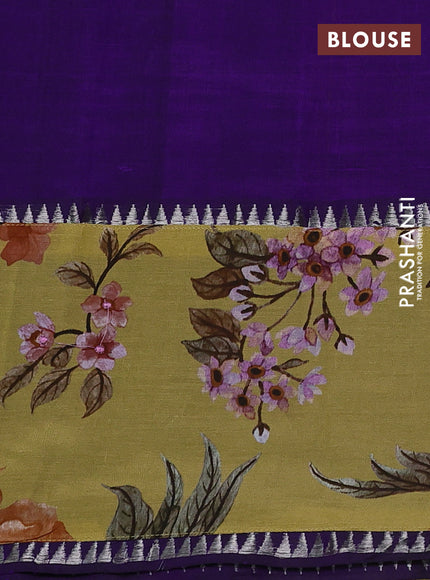 Mangalgiri silk cotton saree violet and mehendi green with plain body and temple design kalamkari printed applique border