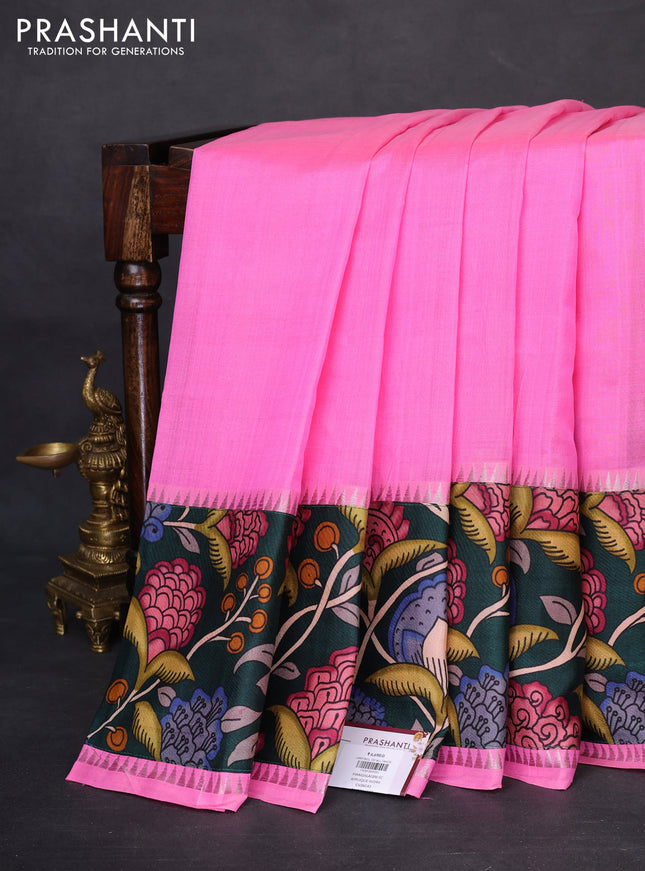 Mangalgiri silk cotton saree candy pink and bottle green with plain body and temple design kalamkari printed applique border