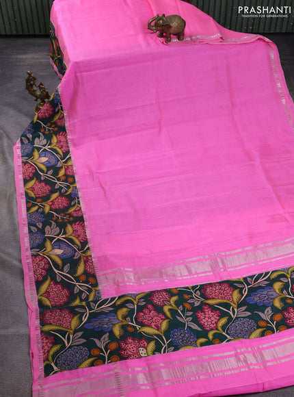 Mangalgiri silk cotton saree candy pink and bottle green with plain body and temple design kalamkari printed applique border
