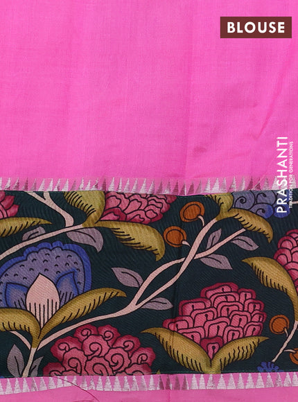 Mangalgiri silk cotton saree candy pink and bottle green with plain body and temple design kalamkari printed applique border
