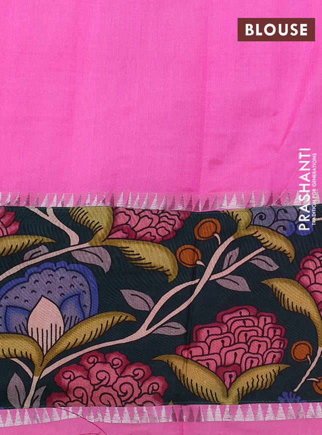 Mangalgiri silk cotton saree candy pink and bottle green with plain body and temple design kalamkari printed applique border