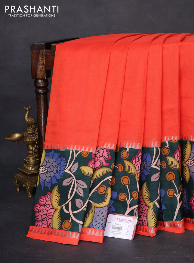 Mangalgiri silk cotton saree orange and green with plain body and temple design kalamkari printed applique border