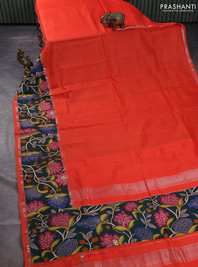 Mangalgiri silk cotton saree orange and green with plain body and temple design kalamkari printed applique border