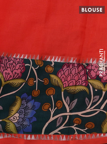 Mangalgiri silk cotton saree orange and green with plain body and temple design kalamkari printed applique border