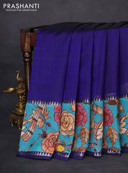 Mangalgiri silk cotton saree blue and teal blue with plain body and temple design kalamkari printed applique border
