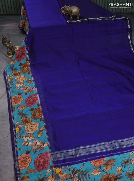 Mangalgiri silk cotton saree blue and teal blue with plain body and temple design kalamkari printed applique border