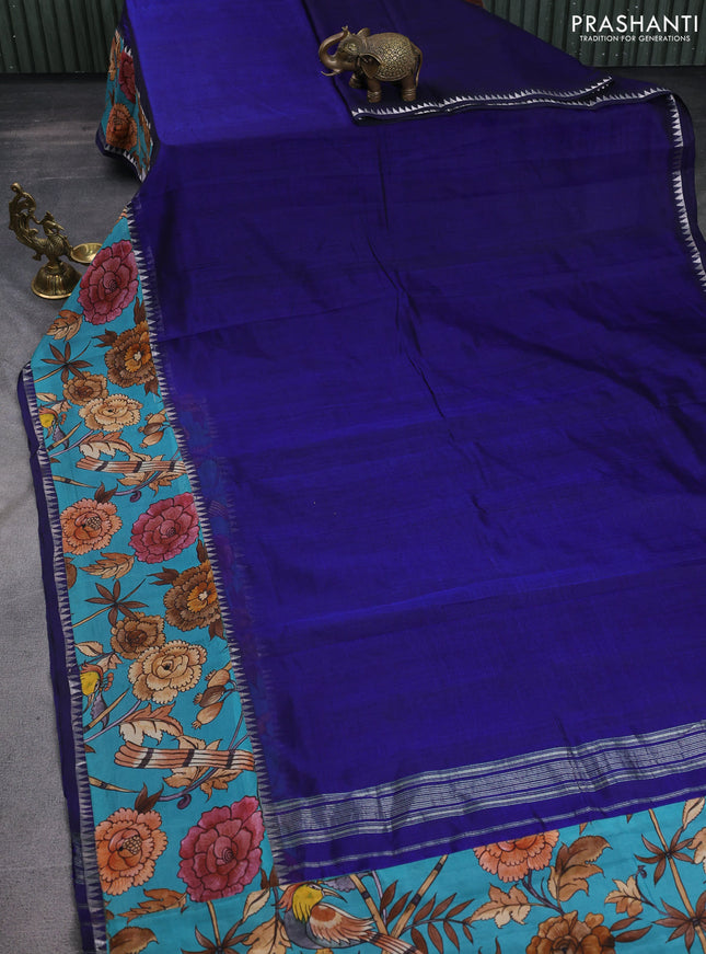 Mangalgiri silk cotton saree blue and teal blue with plain body and temple design kalamkari printed applique border