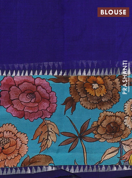 Mangalgiri silk cotton saree blue and teal blue with plain body and temple design kalamkari printed applique border