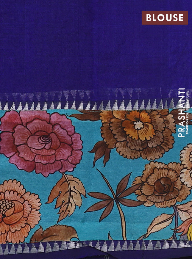 Mangalgiri silk cotton saree blue and teal blue with plain body and temple design kalamkari printed applique border