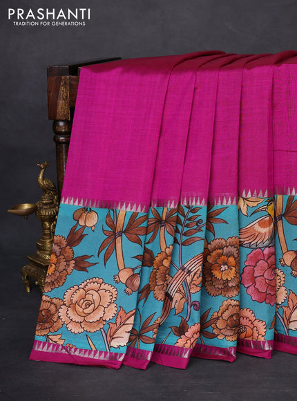 Mangalgiri silk cotton saree magenta pink and teal blue with plain body and temple design kalamkari printed applique border