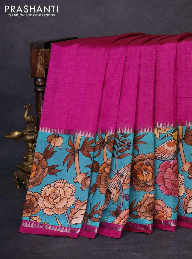Mangalgiri silk cotton saree magenta pink and teal blue with plain body and temple design kalamkari printed applique border