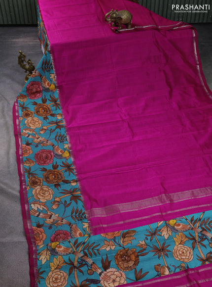 Mangalgiri silk cotton saree magenta pink and teal blue with plain body and temple design kalamkari printed applique border