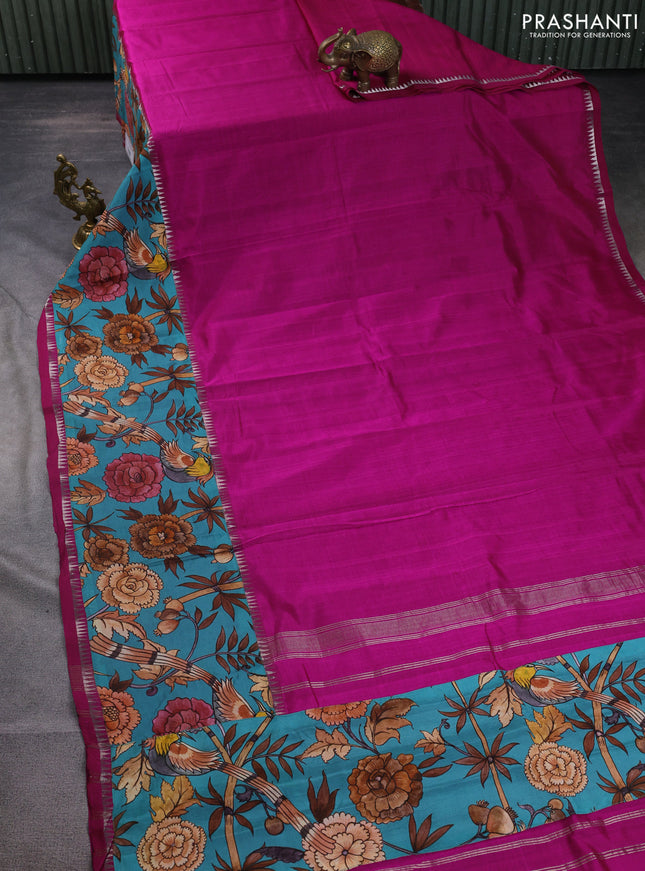 Mangalgiri silk cotton saree magenta pink and teal blue with plain body and temple design kalamkari printed applique border