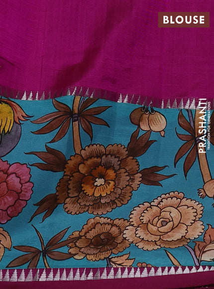 Mangalgiri silk cotton saree magenta pink and teal blue with plain body and temple design kalamkari printed applique border