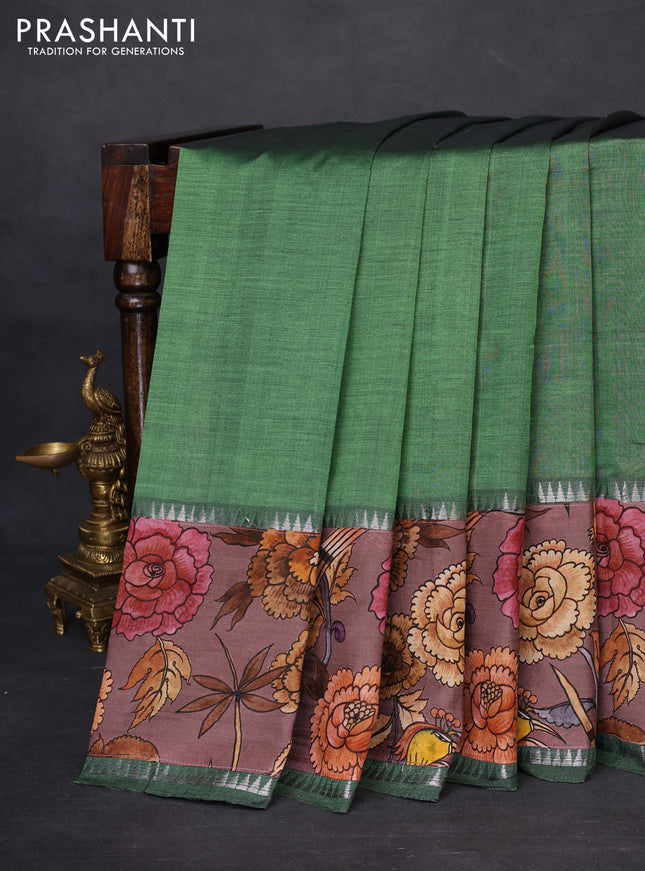 Mangalgiri silk cotton saree green and brown with plain body and temple design kalamkari printed applique border