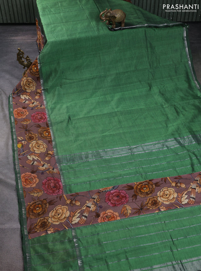Mangalgiri silk cotton saree green and brown with plain body and temple design kalamkari printed applique border